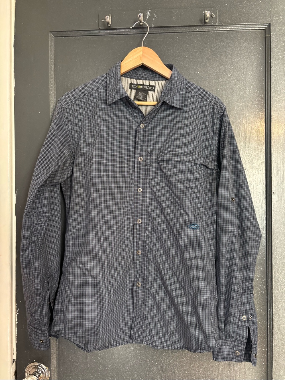 Exofficio Men’s Navy Micro-Check Long Sleeve Button-Down Shirt